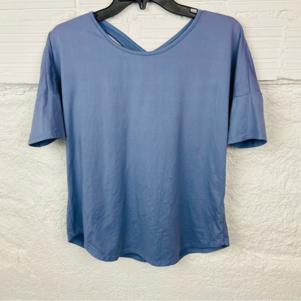 ETHEREAL blue cut out criss cross 3/4 sleeve stretch shirt size medium
